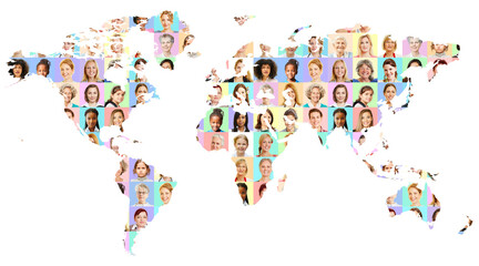 Portraits von Frauen vieler Generationen auf Weltkarte