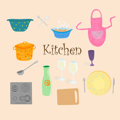 Set of kitchen utensil in cartoon style
