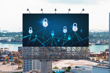 Padlock icon hologram on road billboard over panorama city view of Singapore at day time to protect business, Southeast Asia. The concept of information security shields.