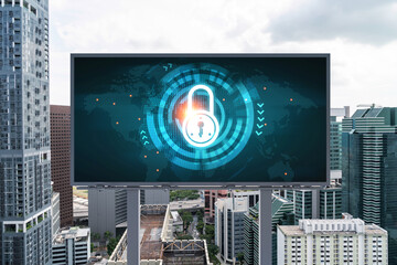 Padlock icon hologram on road billboard over panorama city view of Singapore at day time to protect business, Southeast Asia. The concept of information security shields.