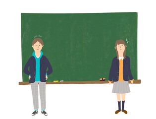 黒板の前に立つ制服を着た男女のイラスト