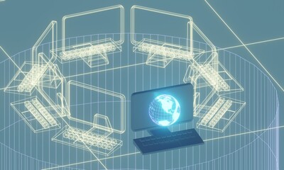 3d illustration of holographic earth and desktop computer.