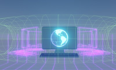 3d illustration of holographic earth and desktop computer.