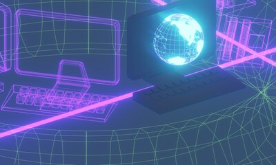 3d illustration of holographic earth and desktop computer.