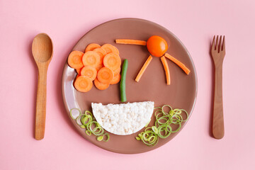 Food art - funny kids breakfast, healthy and tasty food, ladybug made of vegetables and wholegrain...