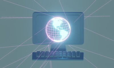 3d illustration of holographic earth and desktop computer.