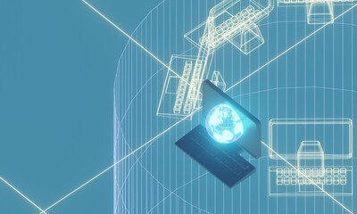 3d illustration of holographic earth and desktop computer.