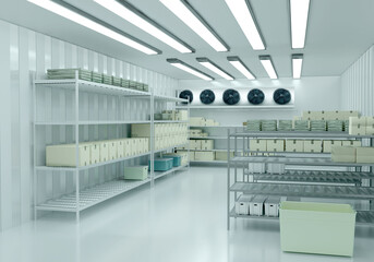 Refrigeration chamber for food storage. Warehouse with boxes.