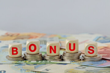 Wooden blocks with the word Bonus on coins and banknotes - Concept of economic bonus and financial aid