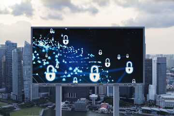 Fototapeta na wymiar Padlock icon hologram on road billboard over panorama city view of Singapore at sunset to protect business, Southeast Asia. The concept of information security shields.