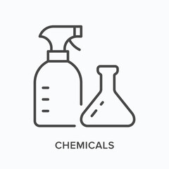 Chemicals flat line icon. Vector outline illustration of spray and beaker. Black thin linear pictogram for laboratory flasks