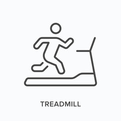 Fototapeta na wymiar Treadmill flat line icon. Vector outline illustration of running machine and athlete. Black thin linear pictogram for gym training
