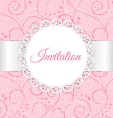 Vector lace frame with silver ribbon on swirl background. Vintage invitation card. Second layer - seamless pattern