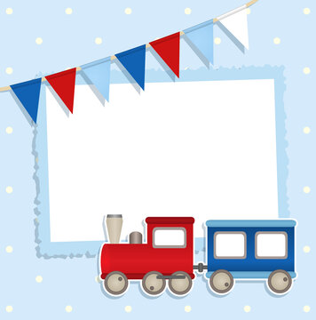 Holiday card with festive flags and sticker train and place for your text or photo