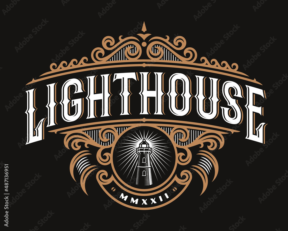 Sticker lighthouse vintage golden vector emblem, label , badge for your logo or crest with baroque ornaments - Stickers