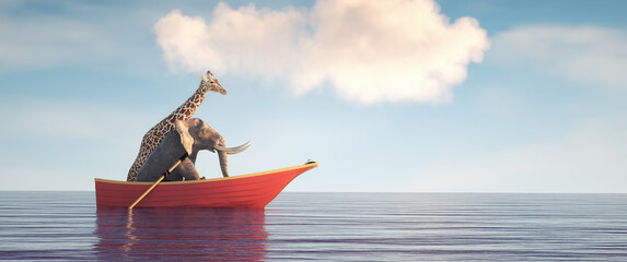 Naklejki  Elephant and a giraffe together on a boat in the middle of the sea.