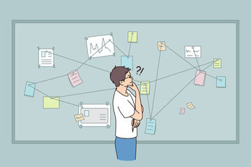 The man studies the evidence, solves the problem. Vector illustration