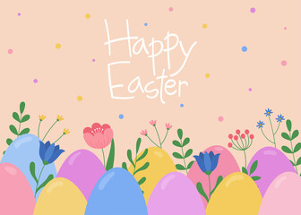 Template of Easter greeting card. Colorful decorated Easter eggs, flowers and branches
