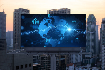 World planet Earth map hologram of social media icons over sunset panoramic cityscape of Bangkok, Southeast Asia. The concept of people connections.