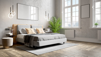Modern beautiful interior of the room with white walls, large windows and stylish furniture. Bright and stylish design. 3D rendering