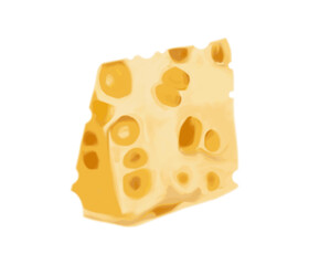 Cheese with holes, a large piece with holes, color drawing, on a transparent background