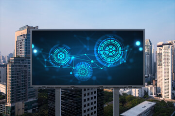 Glowing hologram of technological process on billboard, aerial panoramic cityscape of Bangkok at...
