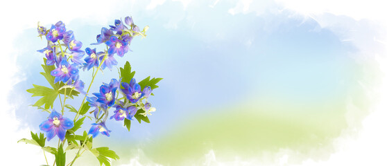 Obraz na płótnie Canvas Blue field flowers of delphinium isolated on pastel watercolor background, wildflowers. Horizontal banner with copy space. Place for a text. Spring card