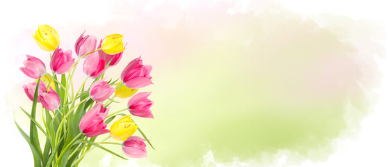 Bouquet of pink and yellow tulips flowers on pastel watercolor background. Horizontal banner with copy space. Place for a text. Spring card. Gift for 8 March international woman's day. Spring concept