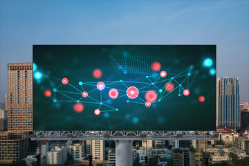 Glowing hologram of technological process on billboard, aerial panoramic cityscape of Bangkok at...