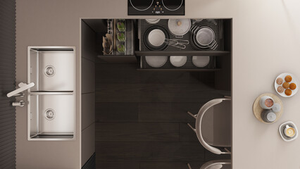 Dark and wooden kitchen close up with open drawers with accessories, table, chairs. Sink, induction hob, breakfast with cookies and cappuccino. Top view, plan, above, interior design