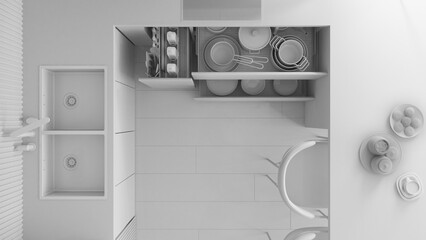 Total white project draft, kitchen close up with open drawers with accessories, table, chairs. Sink, induction hob, breakfast with cookies. Top view, plan, above, interior design