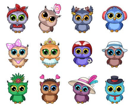 Cartoon owl. Cute owls in cap and scarf, funny baby wild forest animals. Comic art woodland characters, kids birds stickers, garish vector set