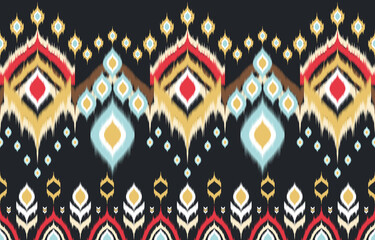 Ikat ethnic oriental pattern. Folk ornament. Design for background, batik, carpet, clothing, fabric, wallpaper, wrapping. Vector illustration. Embroidery style.

