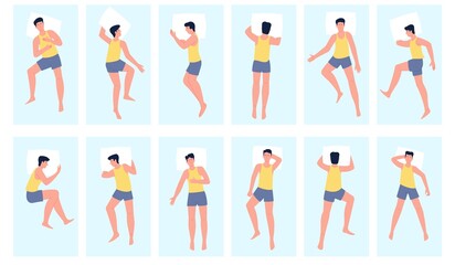 Man sleeping. Sleep positions, male lying on bed with pillow. Night time, different relax postures top view. Alone human relaxed, recent vector set