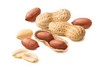 Peanuts isolated on white background. In shell and peeled