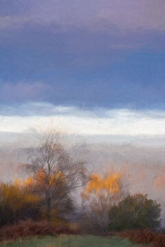 Digital painting of golden autumnal fall tree and leaf colours at the Downs Banks, Barlaston in Staffordshire.