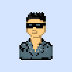 Cool guy with sunglasses isolated avatar portrait in pixel art style