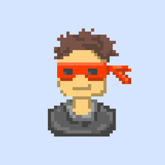 Avatar portrait of a superhero with red blindfold in pixel art design style