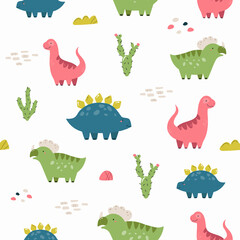 Vector seamless pattern with cute dinosaurs and succulents.