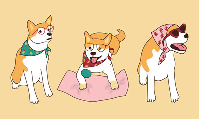 Set of Shiba inu dogs cute and funny wearing glasses frames. Hand drawn sticker vector illustration isolated. Kawaii style. Portrait cute dog.