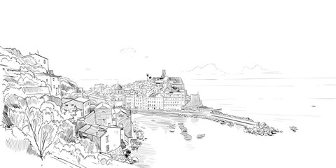 Vernazza. Italy. Urban sketch. Mediterranean city. Hand drawn vector illustration