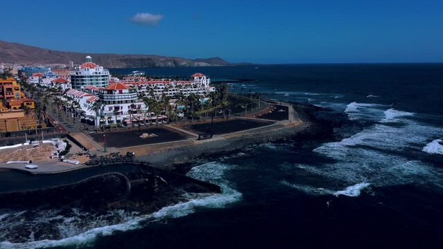 Coastal walk along the Atlantic Ocean. Aerial view taken with drone