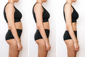 Three shots of a young woman with excess fat and toned slim body before, in the process and after...