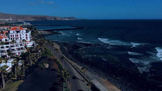 Coastal walk along the Atlantic Ocean. Aerial view taken with drone