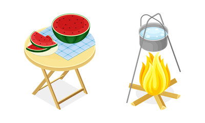 Fresh Watermelon on Wooden Table and Boiling Water in Cauldron on Fire as Picnic Isometric Vector Illustration Set