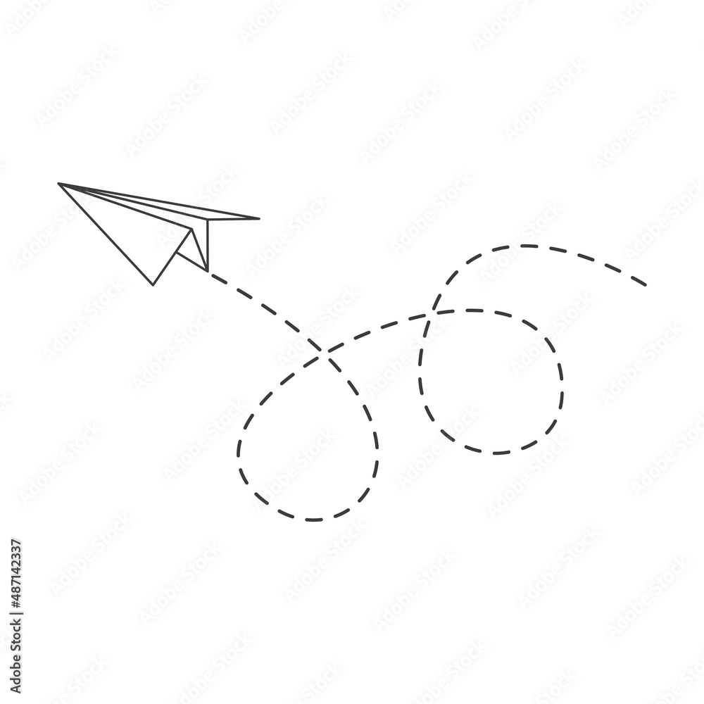 Poster paper airplane with line dotted route. sending message linear fold plane. vector isolated on white.