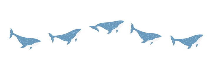 Line of swimming blue whales. Ocean huge whales collection. Vector illustration isolated on white.