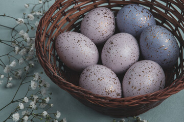 Hand painted pastel colored Easter eggs background. Happy Easter greeting card or invitation.