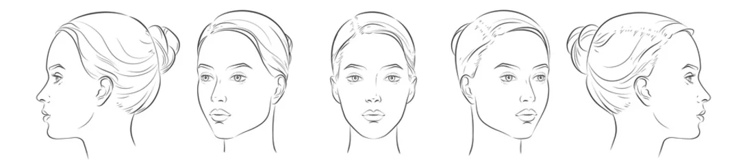 Foto op Canvas Vector woman face. Five different angle view. Set of head portraits young girl. Three dimension front, profile, three-quarter, turn of. Close-up realistic line sketch. © mozart3737