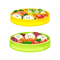 Bento Box as Japanese Single-portion Take-out or Home-packed Meal Vector Illustration Set